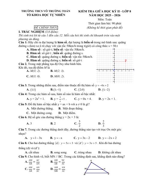 Đề thi Giữa kì 2 Toán 8 năm 2025-2026 trường THCS Võ Trường Toản (TP Hồ Chí Minh)